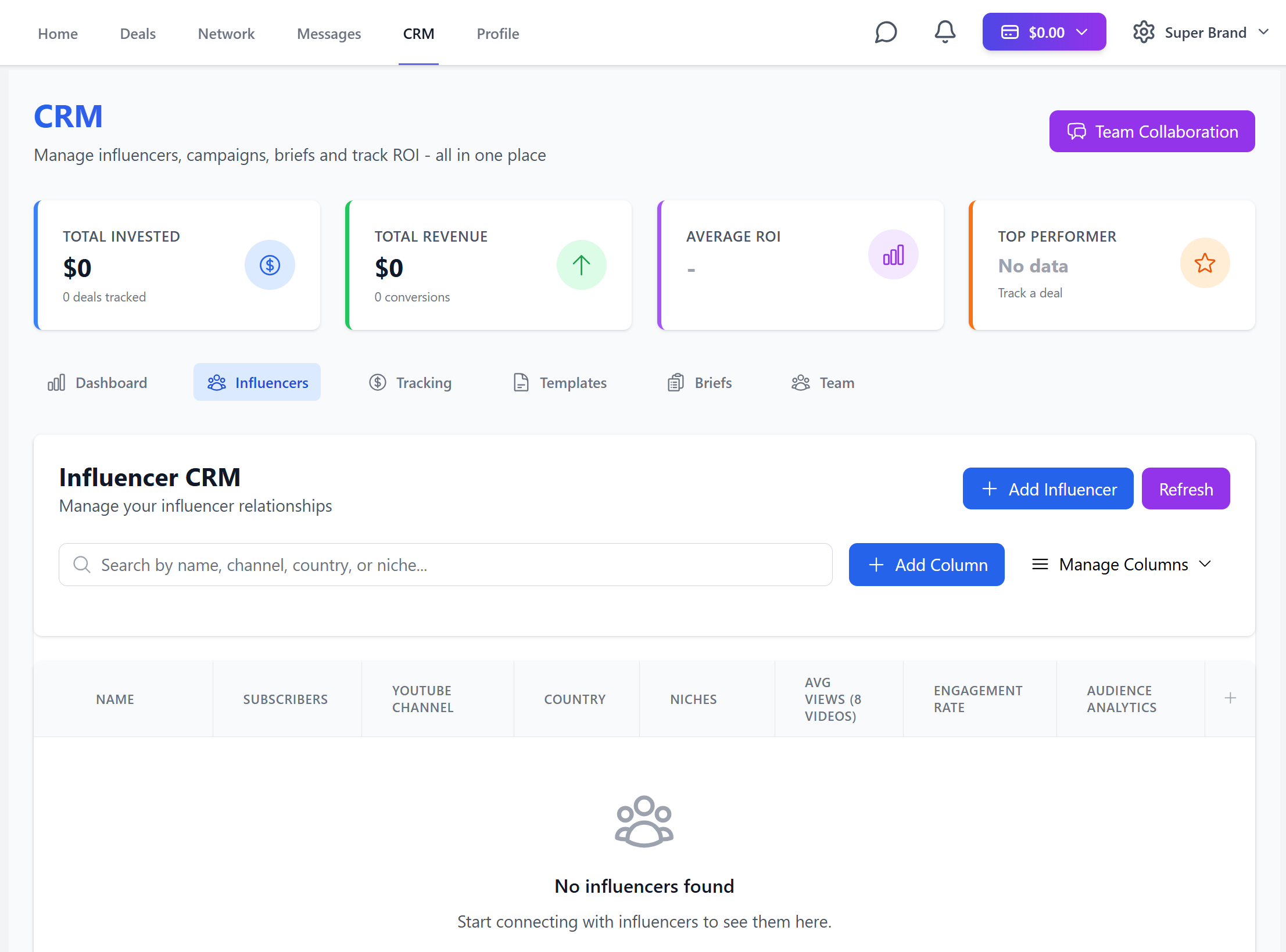 Infmap brand demo showing the influencer CRM and creator records.