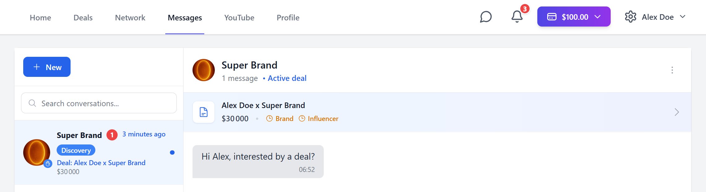Infmap demo showing a conversation with a brand and its linked deal.